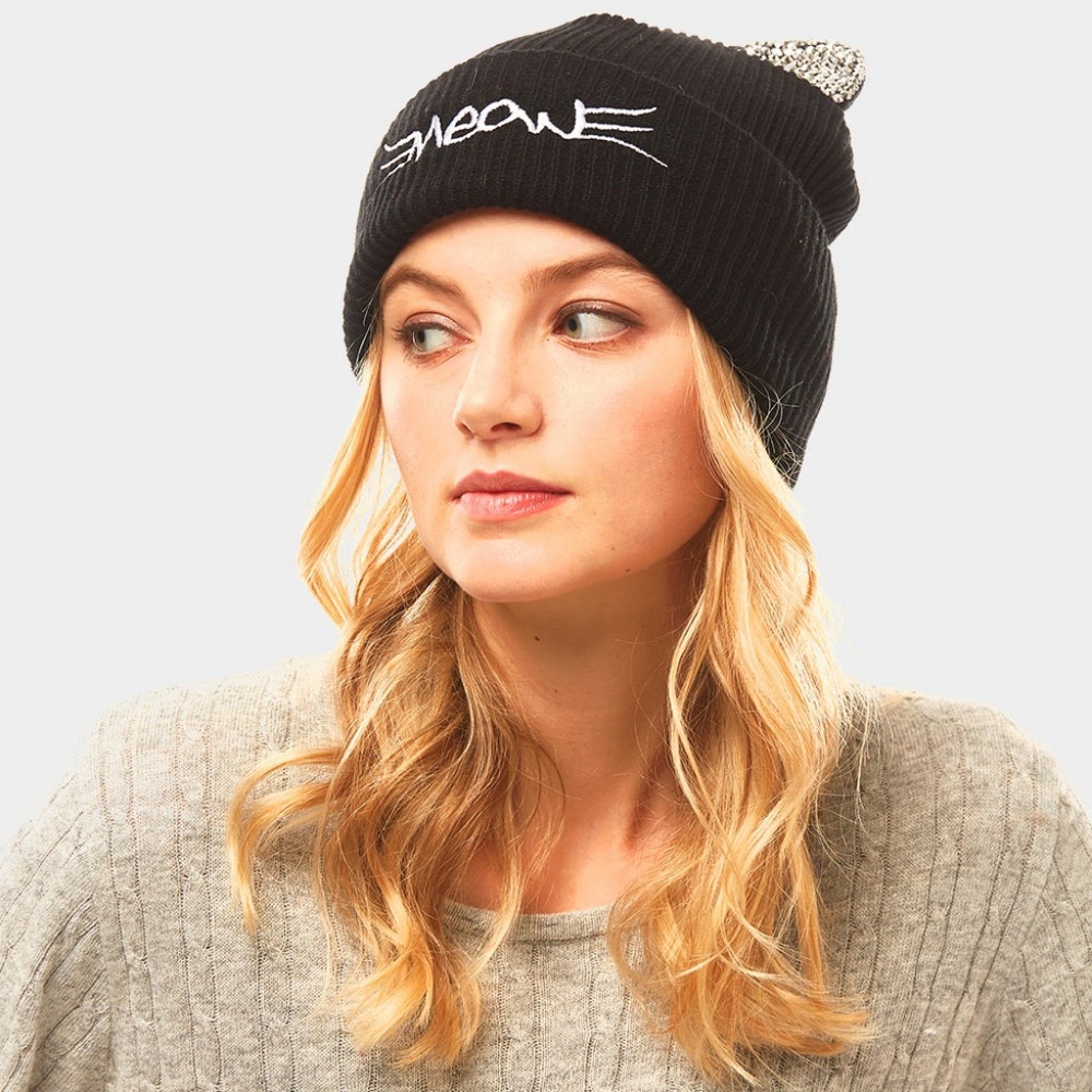 Black Meow Solid Stone Cat Ear Beanie